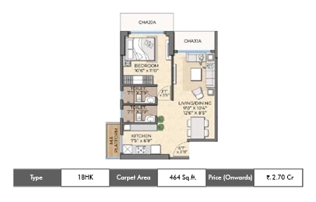 Suraj Park View 1 BHK floor plan, 464 sq ft carpet area